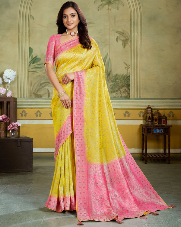 Vishal Prints Yellow Designer Dola Silk Saree With Weaving And Diamond Work