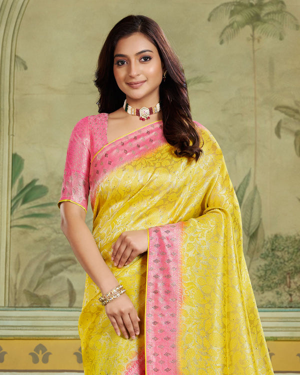 Vishal Prints Yellow Designer Dola Silk Saree With Weaving And Diamond Work