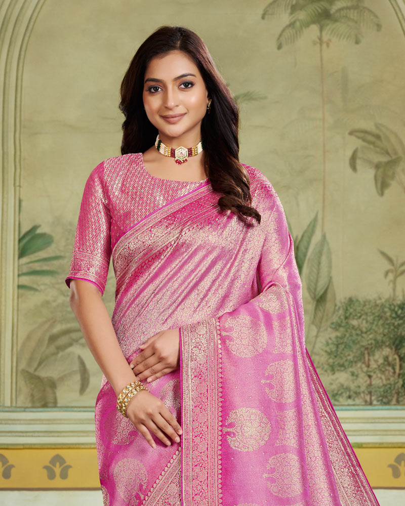 Vishal Prints Royal Pink Designer Dola Silk Saree With Weaving And Diamond Work