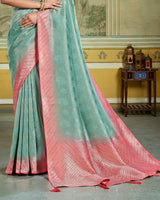 Vishal Prints Mist Green Designer Dola Silk Saree With Weaving And Diamond Work