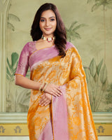 Vishal Prints Mustard Designer Dola Silk Saree With Weaving And Diamond Work