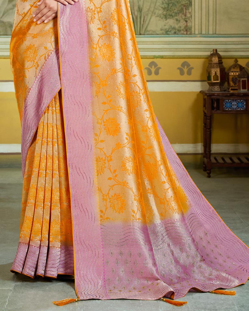 Vishal Prints Mustard Designer Dola Silk Saree With Weaving And Diamond Work