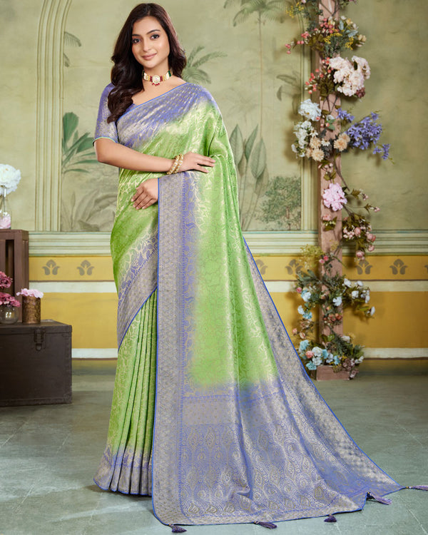 Vishal Prints Green Smoke Designer Dola Silk Saree With Weaving And Diamond Work