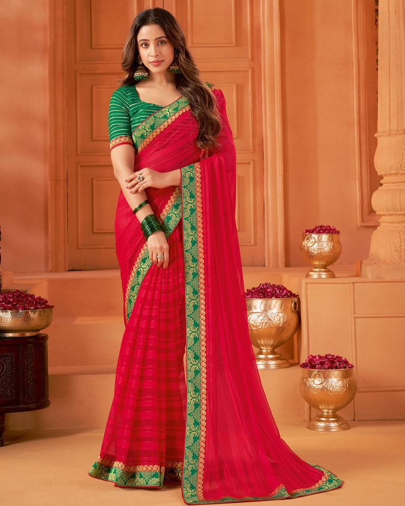 Vishal Prints Dark Red Designer Patterned Chiffon Saree With Zari Border