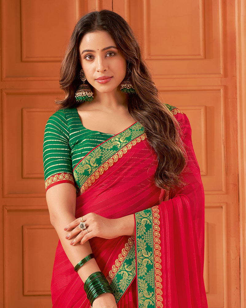 Vishal Prints Dark Red Designer Patterned Chiffon Saree With Zari Border