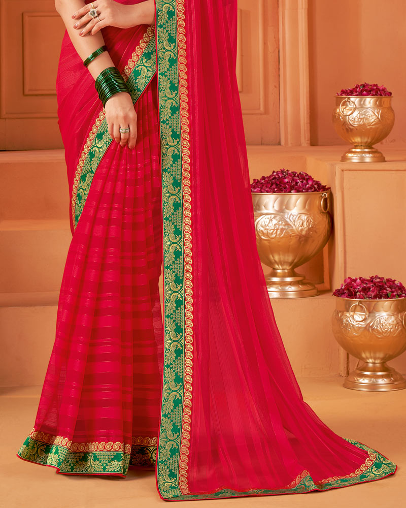 Vishal Prints Dark Red Designer Patterned Chiffon Saree With Zari Border