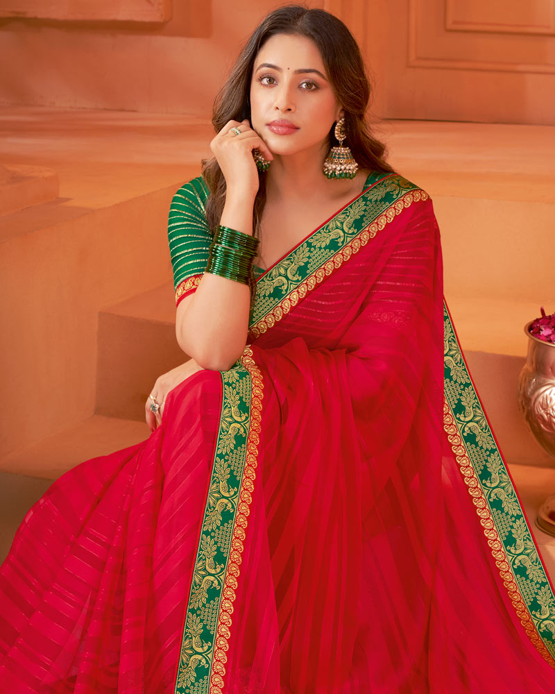 Vishal Prints Dark Red Designer Patterned Chiffon Saree With Zari Border