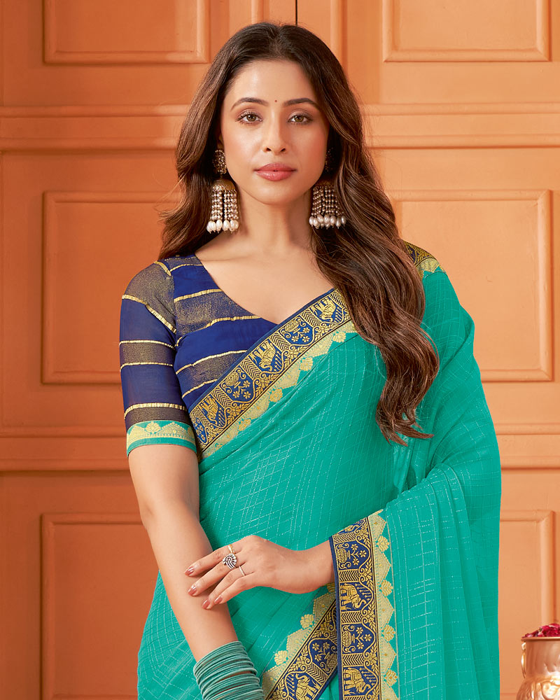 Vishal Prints Persian Green Designer Patterned Chiffon Saree With Zari Border