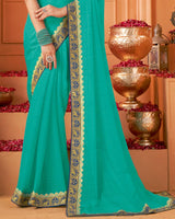 Vishal Prints Persian Green Designer Patterned Chiffon Saree With Zari Border