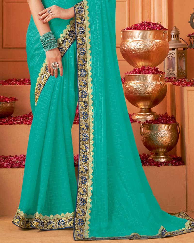 Vishal Prints Persian Green Designer Patterned Chiffon Saree With Zari Border