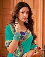 Vishal Prints Persian Green Designer Patterned Chiffon Saree With Zari Border