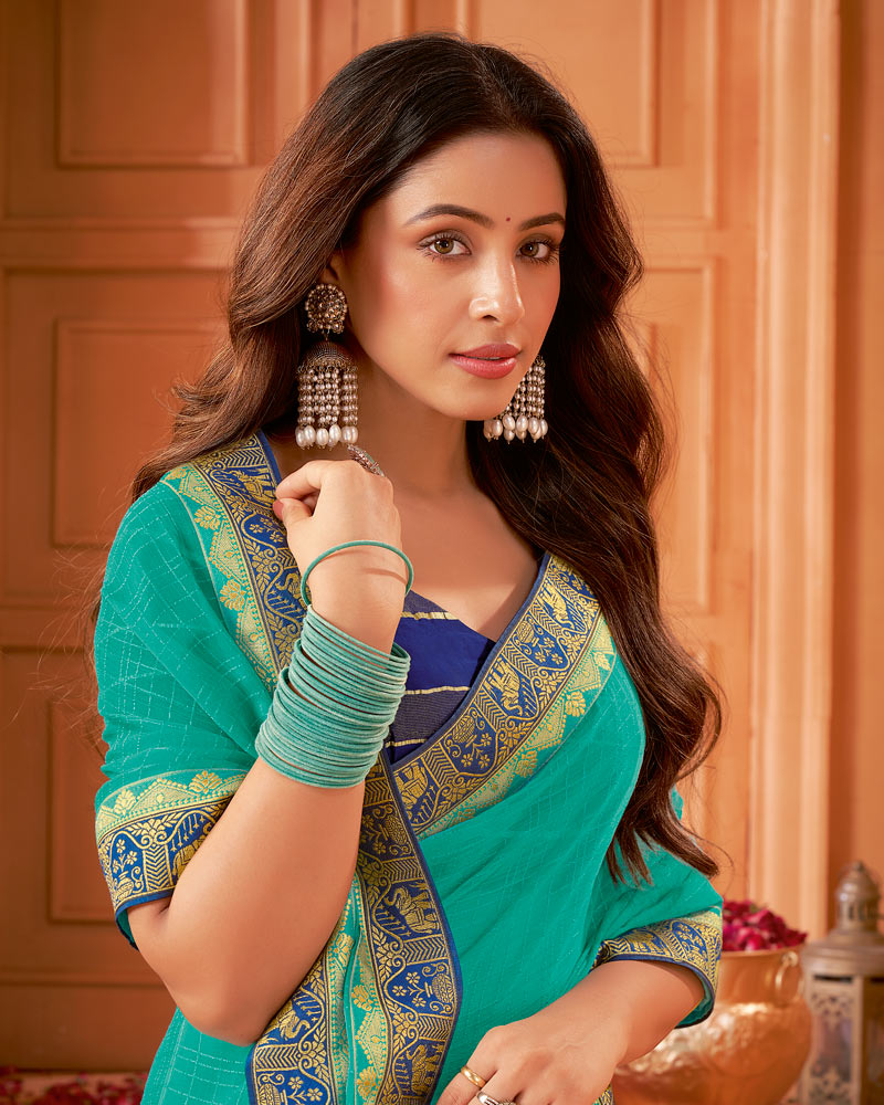 Vishal Prints Persian Green Designer Patterned Chiffon Saree With Zari Border