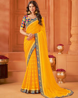 Vishal Prints Yellowish Orange Designer Patterned Chiffon Saree With Zari Border