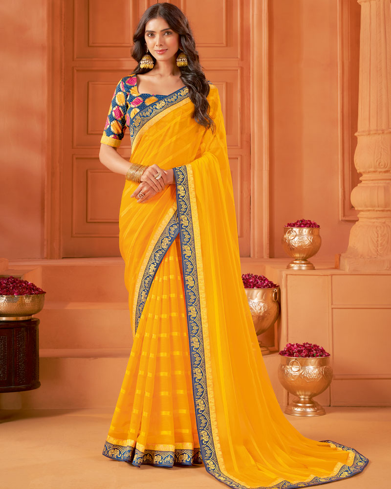 Vishal Prints Yellowish Orange Designer Patterned Chiffon Saree With Zari Border