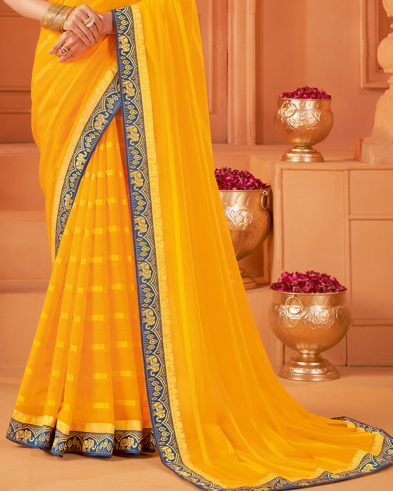 Vishal Prints Yellowish Orange Designer Patterned Chiffon Saree With Zari Border