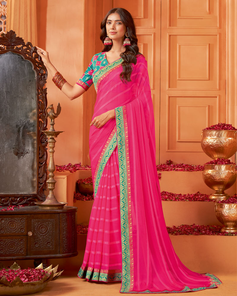 Vishal Prints Raspberry Pink Designer Patterned Chiffon Saree With Zari Border