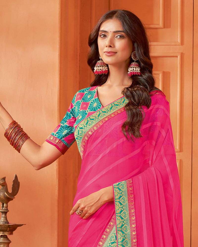 Vishal Prints Raspberry Pink Designer Patterned Chiffon Saree With Zari Border