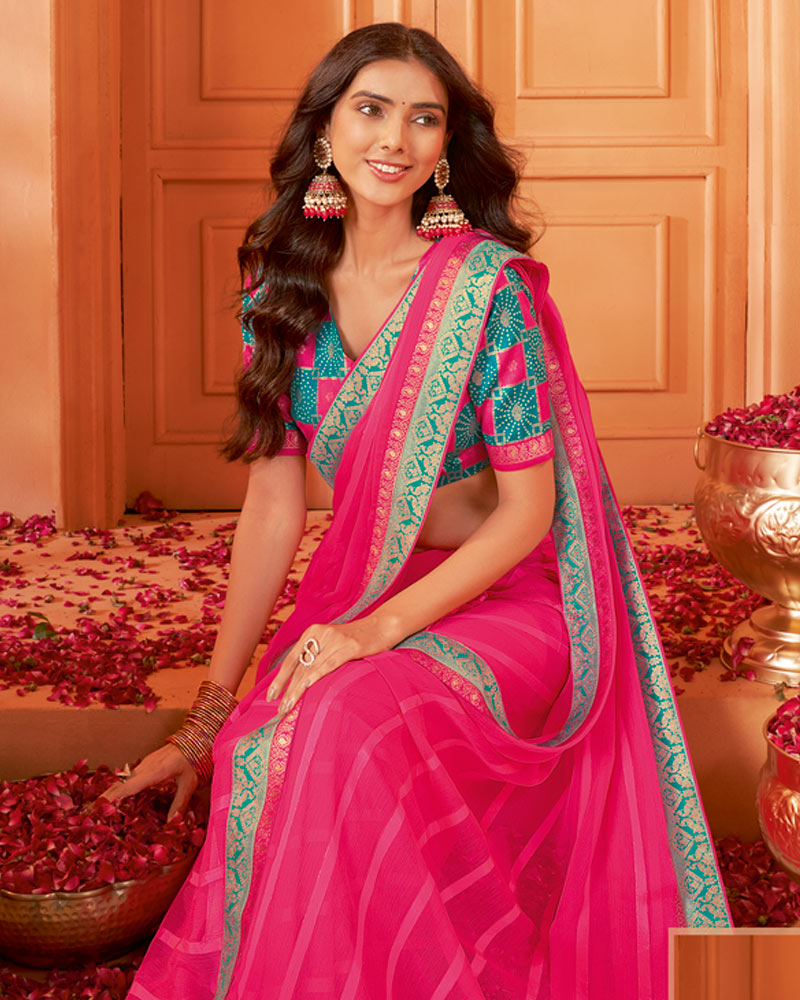 Vishal Prints Raspberry Pink Designer Patterned Chiffon Saree With Zari Border