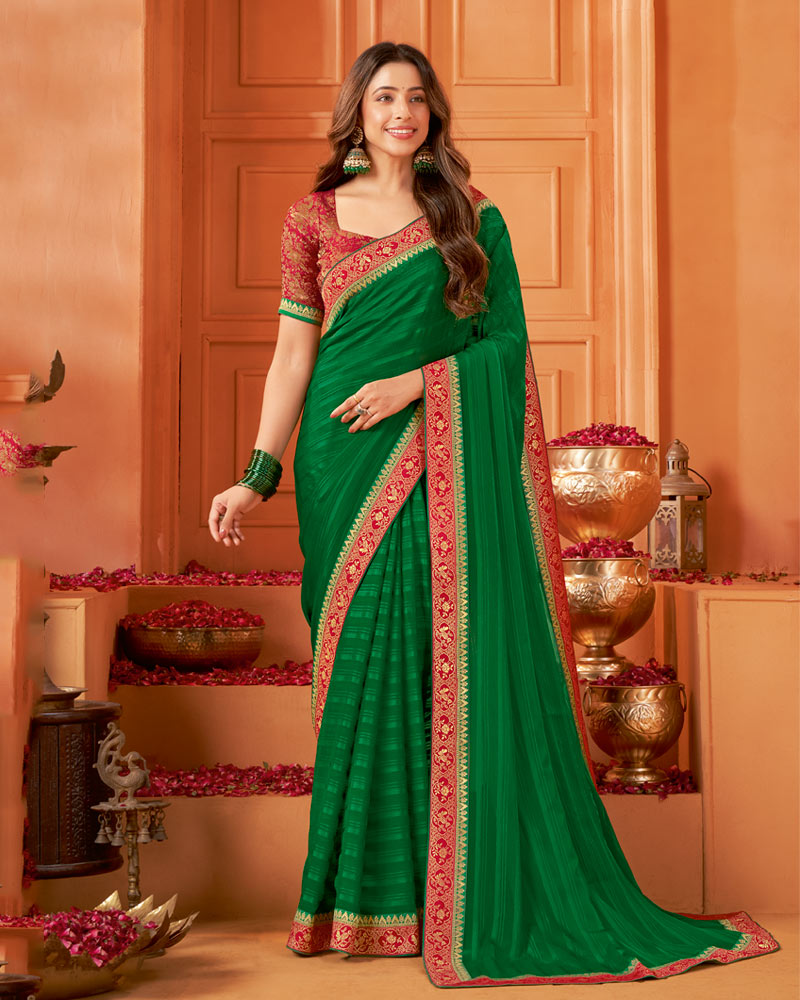 Vishal Prints Deep Dark Green Designer Patterned Chiffon Saree With Zari Border
