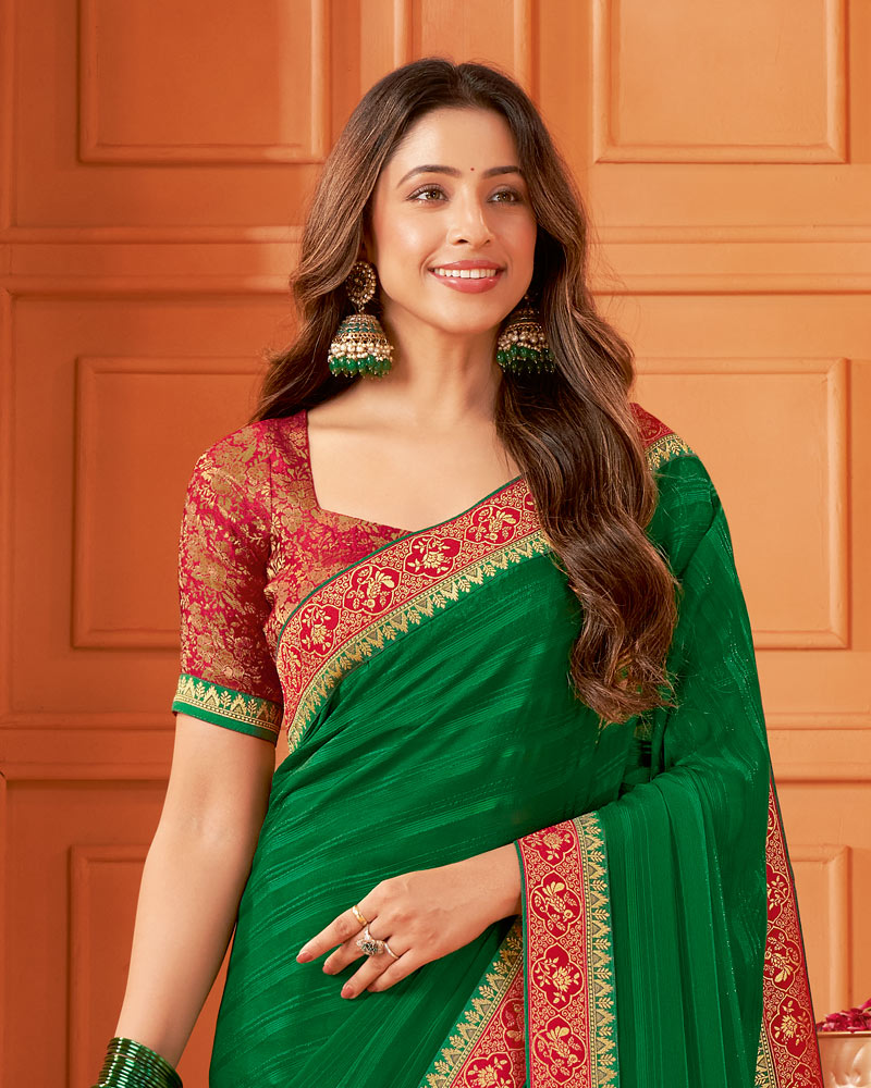 Vishal Prints Deep Dark Green Designer Patterned Chiffon Saree With Zari Border