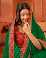 Vishal Prints Deep Dark Green Designer Patterned Chiffon Saree With Zari Border