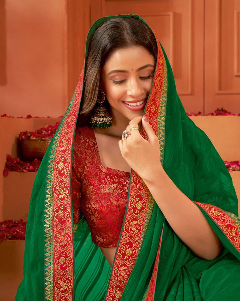 Vishal Prints Deep Dark Green Designer Patterned Chiffon Saree With Zari Border