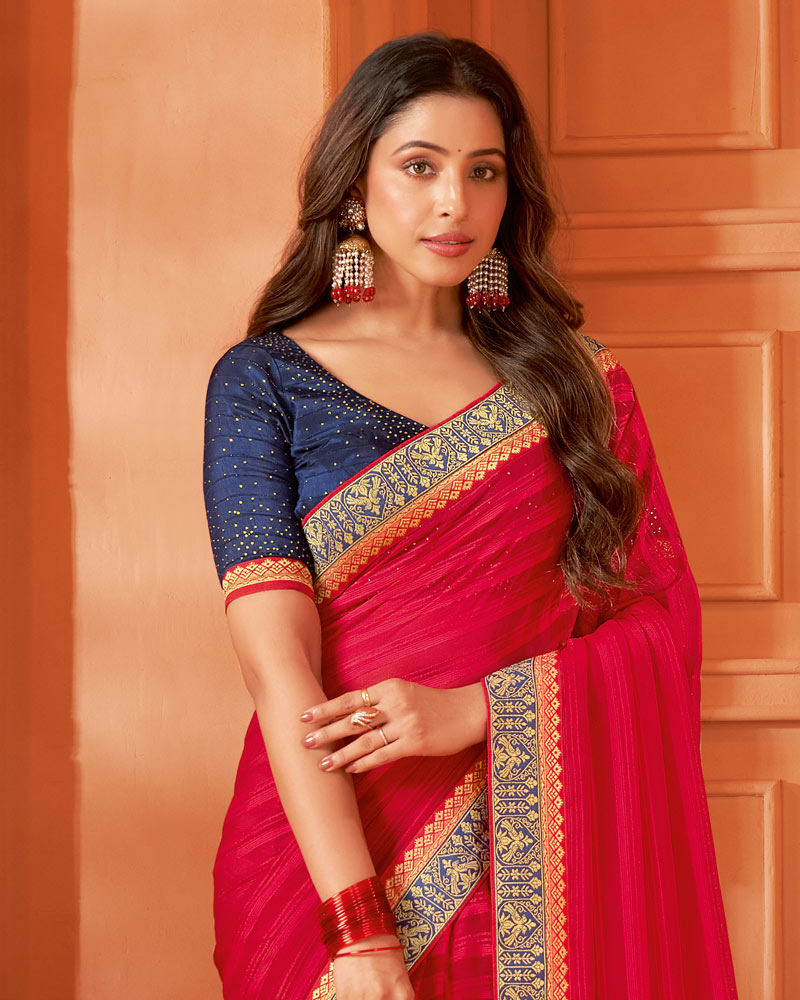 Vishal Prints Lava Red Designer Patterned Chiffon Saree With Zari Border