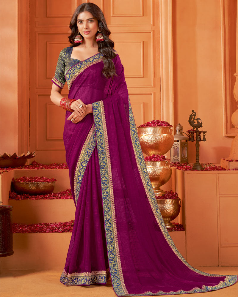 Vishal Prints Dark Wine Designer Patterned Chiffon Saree With Zari Border
