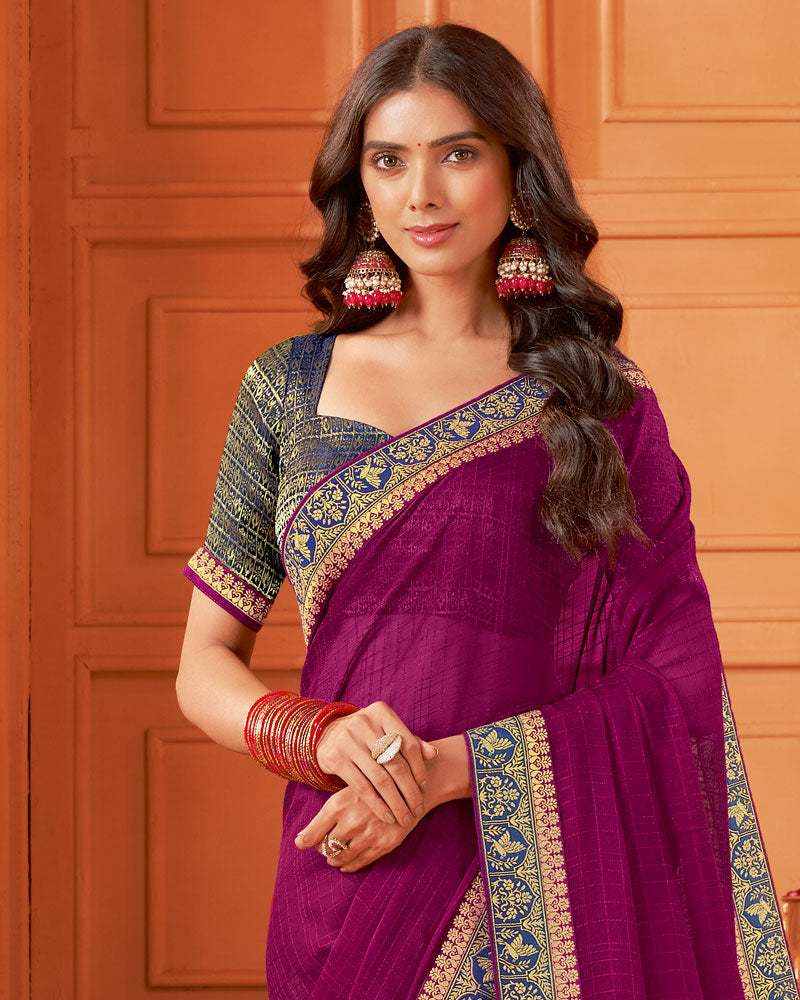 Vishal Prints Dark Wine Designer Patterned Chiffon Saree With Zari Border