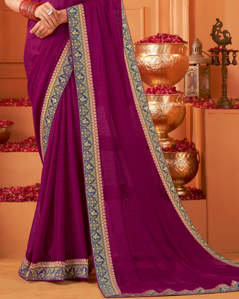 Vishal Prints Dark Wine Designer Patterned Chiffon Saree With Zari Border