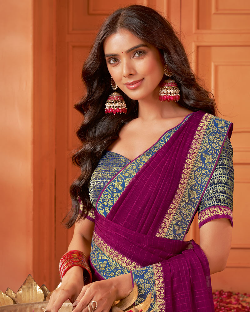 Vishal Prints Dark Wine Designer Patterned Chiffon Saree With Zari Border