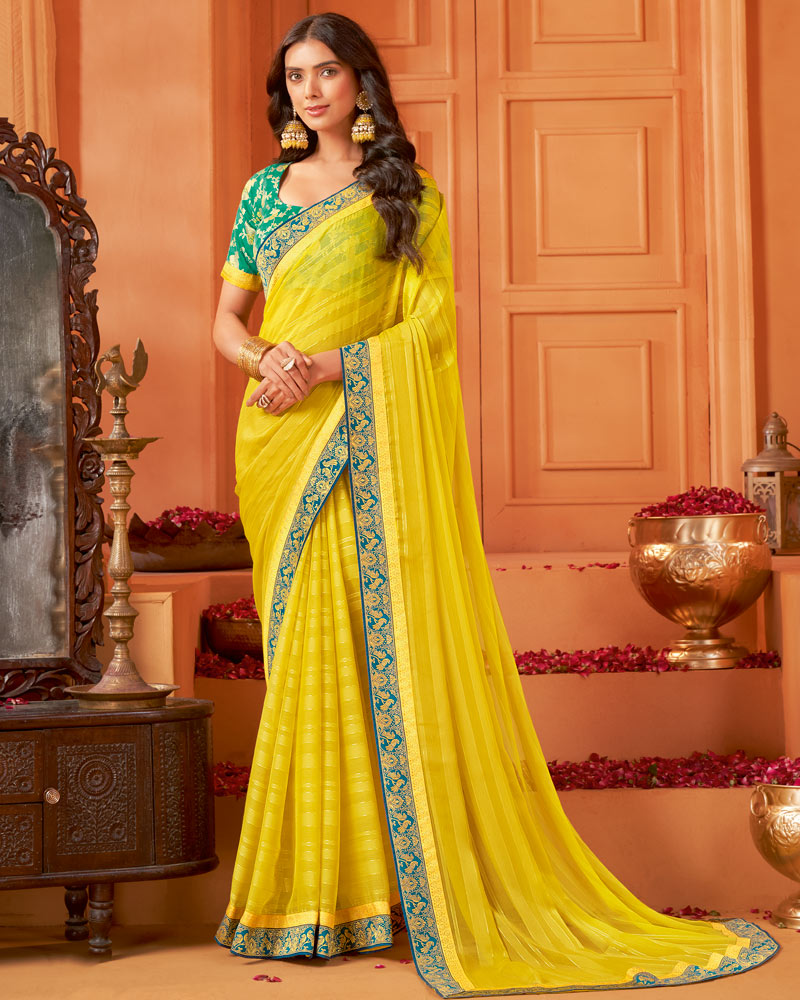 Vishal Prints Burnt Yellow Designer Patterned Chiffon Saree With Zari Border
