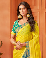 Vishal Prints Burnt Yellow Designer Patterned Chiffon Saree With Zari Border