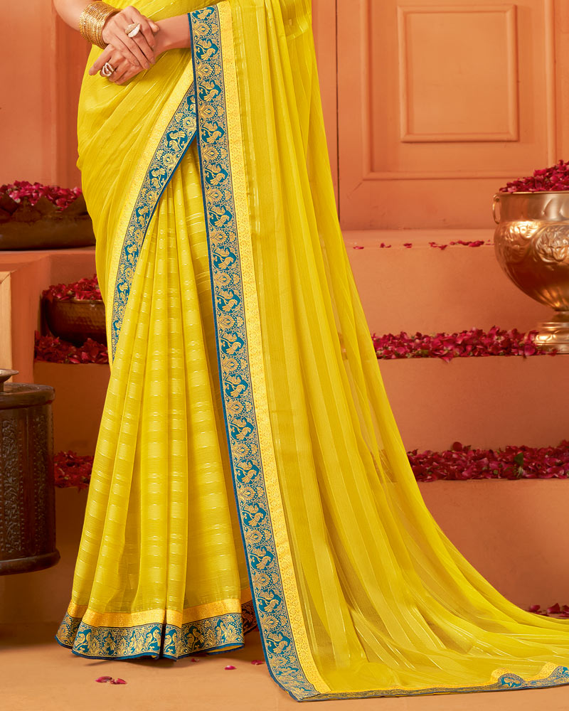 Vishal Prints Burnt Yellow Designer Patterned Chiffon Saree With Zari Border