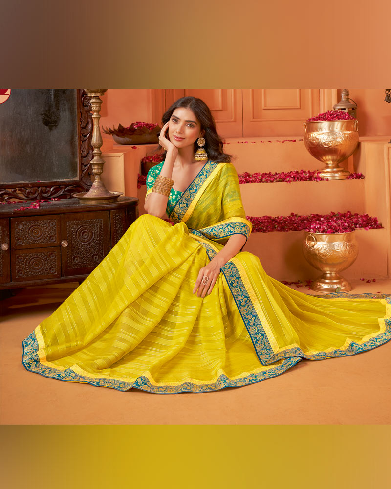 Vishal Prints Burnt Yellow Designer Patterned Chiffon Saree With Zari Border