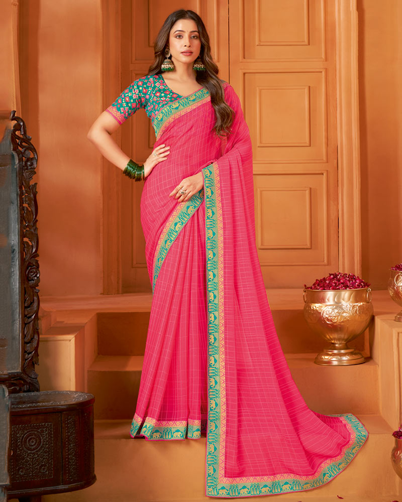 Vishal Prints Mandy Pink Designer Patterned Chiffon Saree With Zari Border