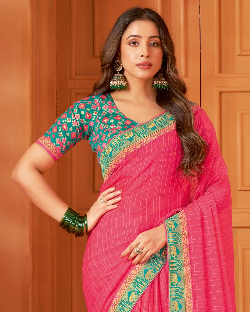 Vishal Prints Mandy Pink Designer Patterned Chiffon Saree With Zari Border