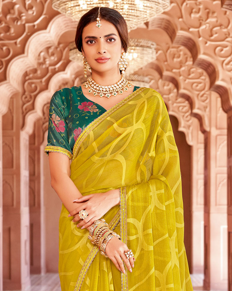Vishal Prints Muddy Yellow Designer Zari-Brasso Saree With Fancy Embroidery-Gota Patti Border