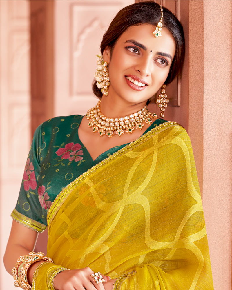 Vishal Prints Muddy Yellow Designer Zari-Brasso Saree With Fancy Embroidery-Gota Patti Border