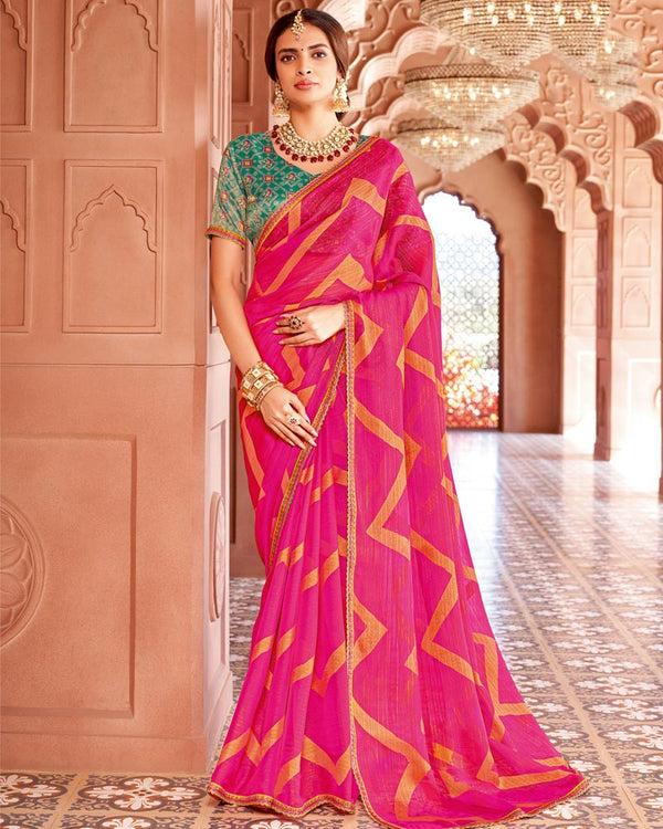 Vishal Prints Dark Hot Pink Designer Zari-Brasso Saree With Fancy Embroidery-Gota Patti Border