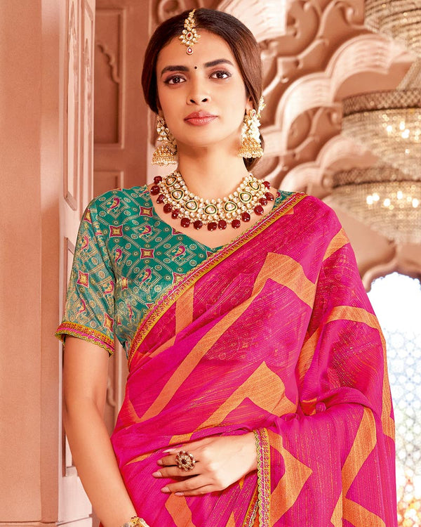Vishal Prints Dark Hot Pink Designer Zari-Brasso Saree With Fancy Embroidery-Gota Patti Border