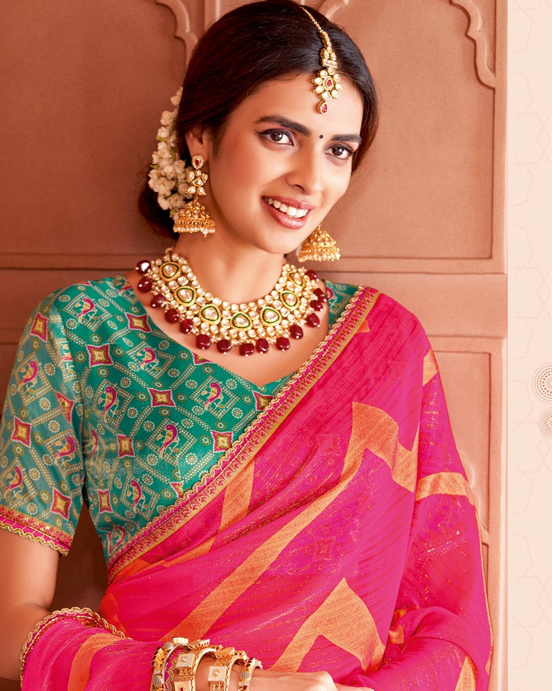 Vishal Prints Dark Hot Pink Designer Zari-Brasso Saree With Fancy Embroidery-Gota Patti Border