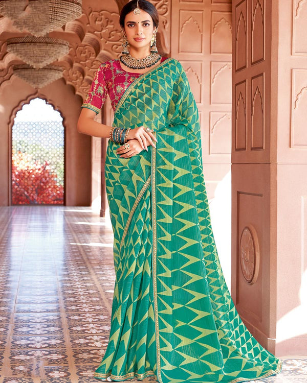Vishal Prints Teal Green Designer Zari-Brasso Saree With Fancy Embroidery-Gota Patti Border