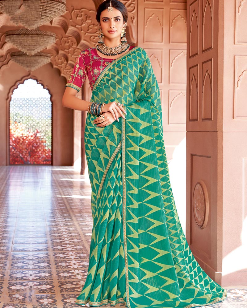 Vishal Prints Teal Green Designer Zari-Brasso Saree With Fancy Embroidery-Gota Patti Border