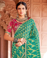 Vishal Prints Teal Green Designer Zari-Brasso Saree With Fancy Embroidery-Gota Patti Border