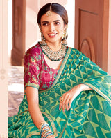 Vishal Prints Teal Green Designer Zari-Brasso Saree With Fancy Embroidery-Gota Patti Border
