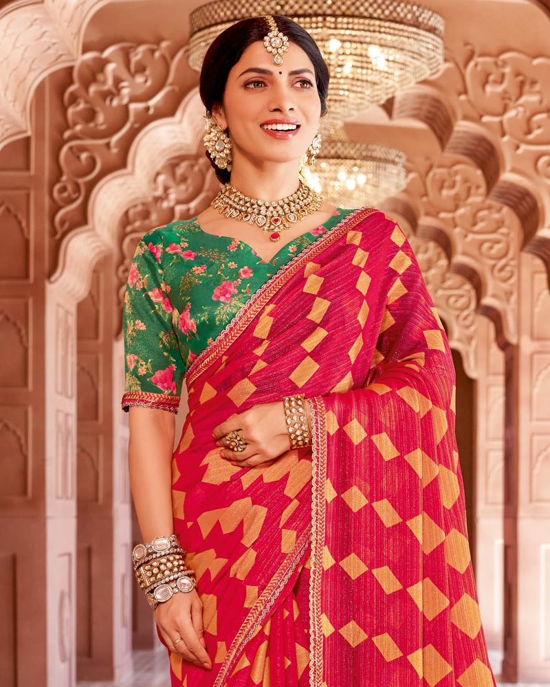 Vishal Prints Amaranth Red Designer Zari-Brasso Saree With Fancy Embroidery-Gota Patti Border