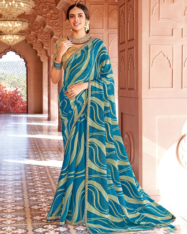 Vishal Prints Venice Blue Designer Zari-Brasso Saree With Fancy Embroidery-Gota Patti Border