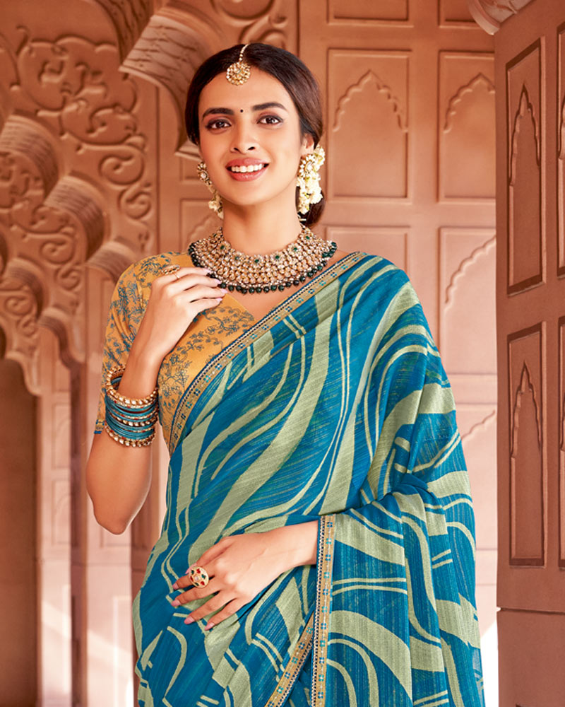 Vishal Prints Venice Blue Designer Zari-Brasso Saree With Fancy Embroidery-Gota Patti Border