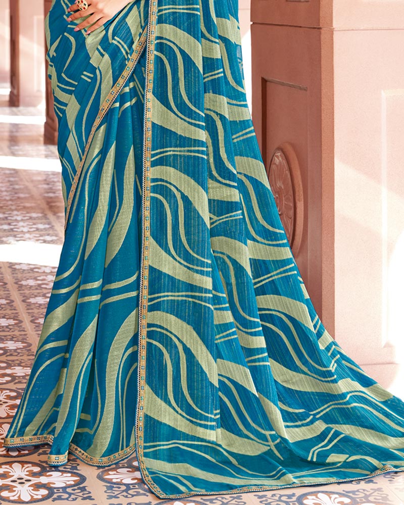 Vishal Prints Venice Blue Designer Zari-Brasso Saree With Fancy Embroidery-Gota Patti Border